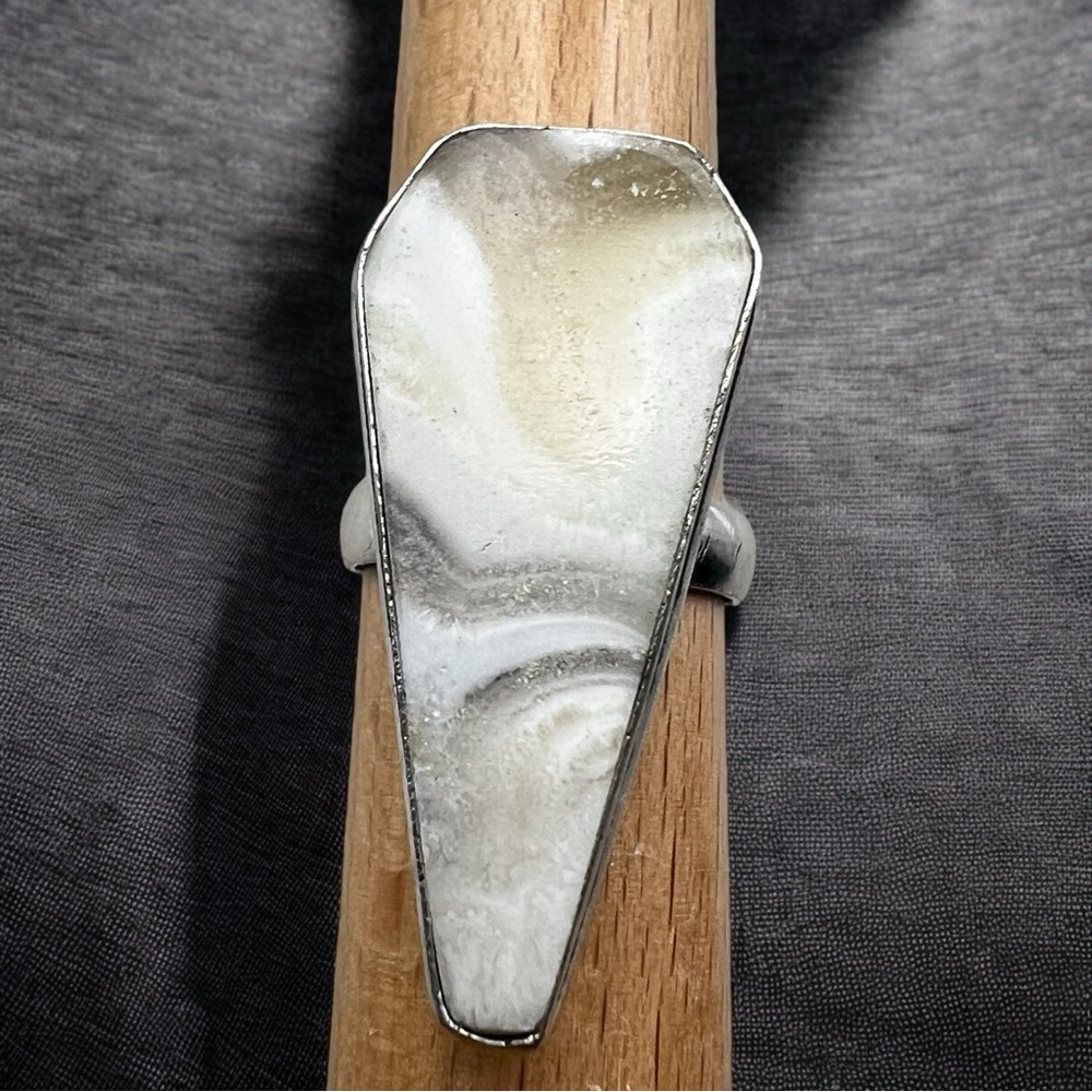 New Zebra Calcite Agate Stone Coffin Shaped Silver Overlay Ring Size 8